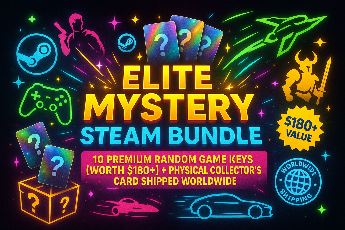 Elite Mystery Steam Bundle: 10 Premium Random Game Keys (Worth $180+) + Physical Collector's Card Shipped Worldwide Remark:colorful with some hot games photo