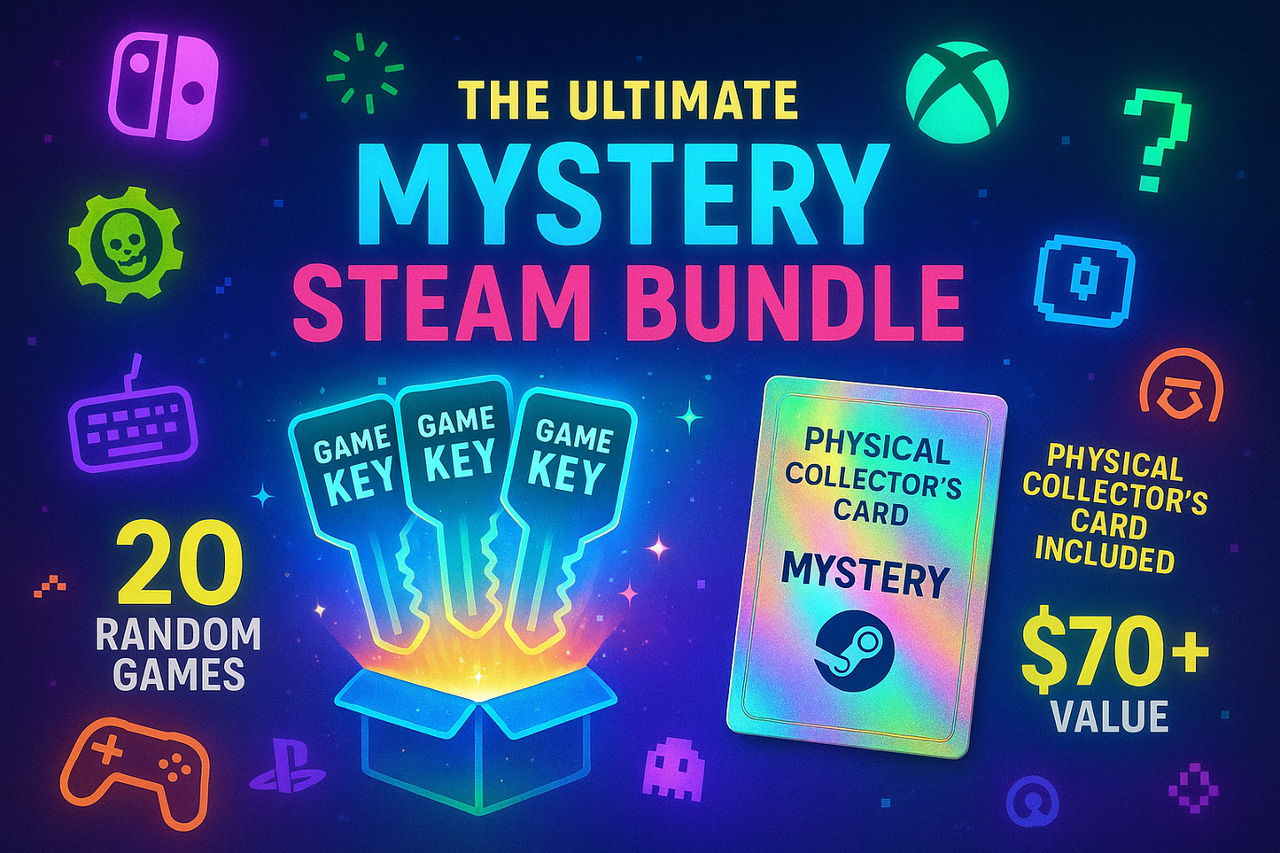 The Ultimate Mystery Steam Bundle: 20 Random Game Keys (Worth $70+) + Physical Collector's Card!Remark:colorful with some games logos