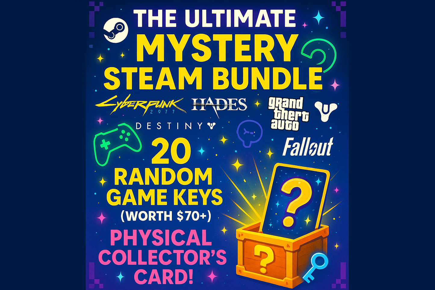 The Ultimate Mystery Steam Bundle: 20 Random Game Keys (Worth $70+) + Physical Collector's Card!Remark:colorful with some games logos,size:w870 h1200