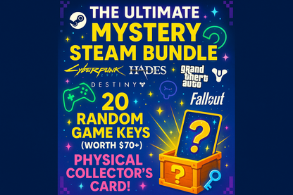 The Ultimate Mystery Steam Bundle: 20 Random Game Keys (Worth $70+) + Physical Collector's Card!Remark:colorful with some games logos,size:w870 h1200